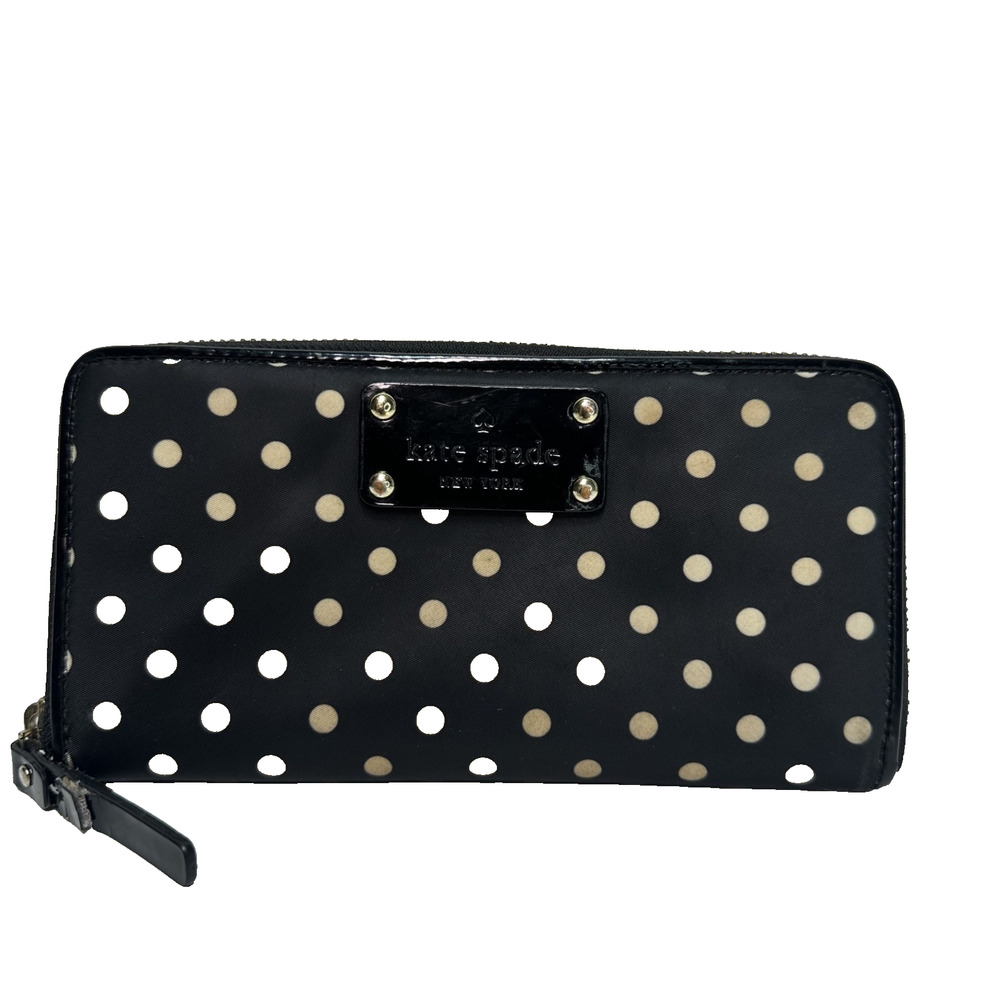 Kate Spade Black White Polka Dot Zip Around Wallet Gold Logo